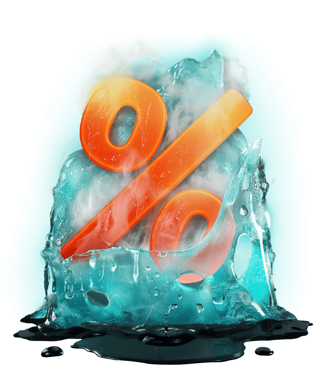 A red percentage sign inside an ice block, radiating heat and melting it from within.