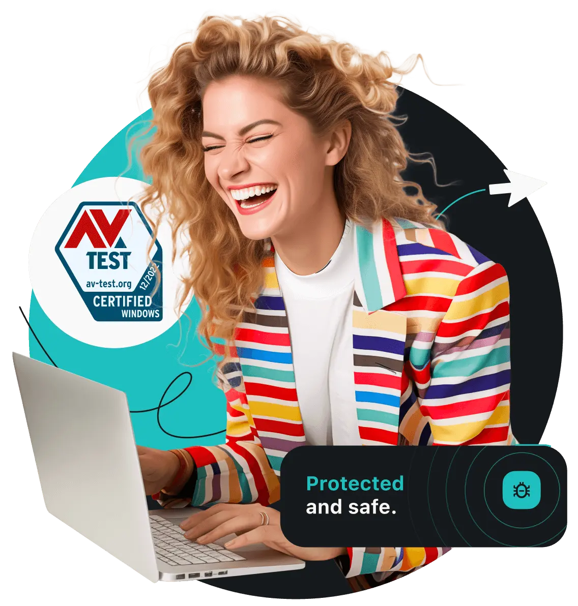 Eine lachende Frau in farbig gestreifter Jacke surft auf ihrem Laptop. Ein AV-Test-Zertifikat ist links neben ihr zu sehen.