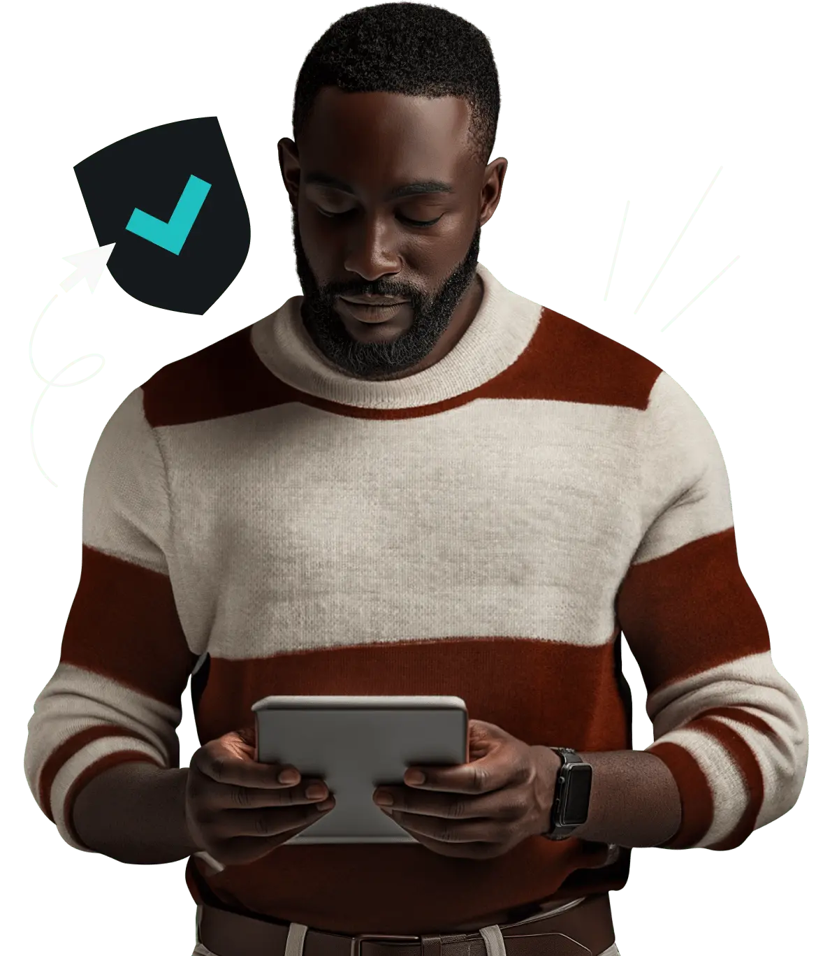 A man with a beard holding and looking down at a tablet and a stylized shield with a checkmark on it beside him.