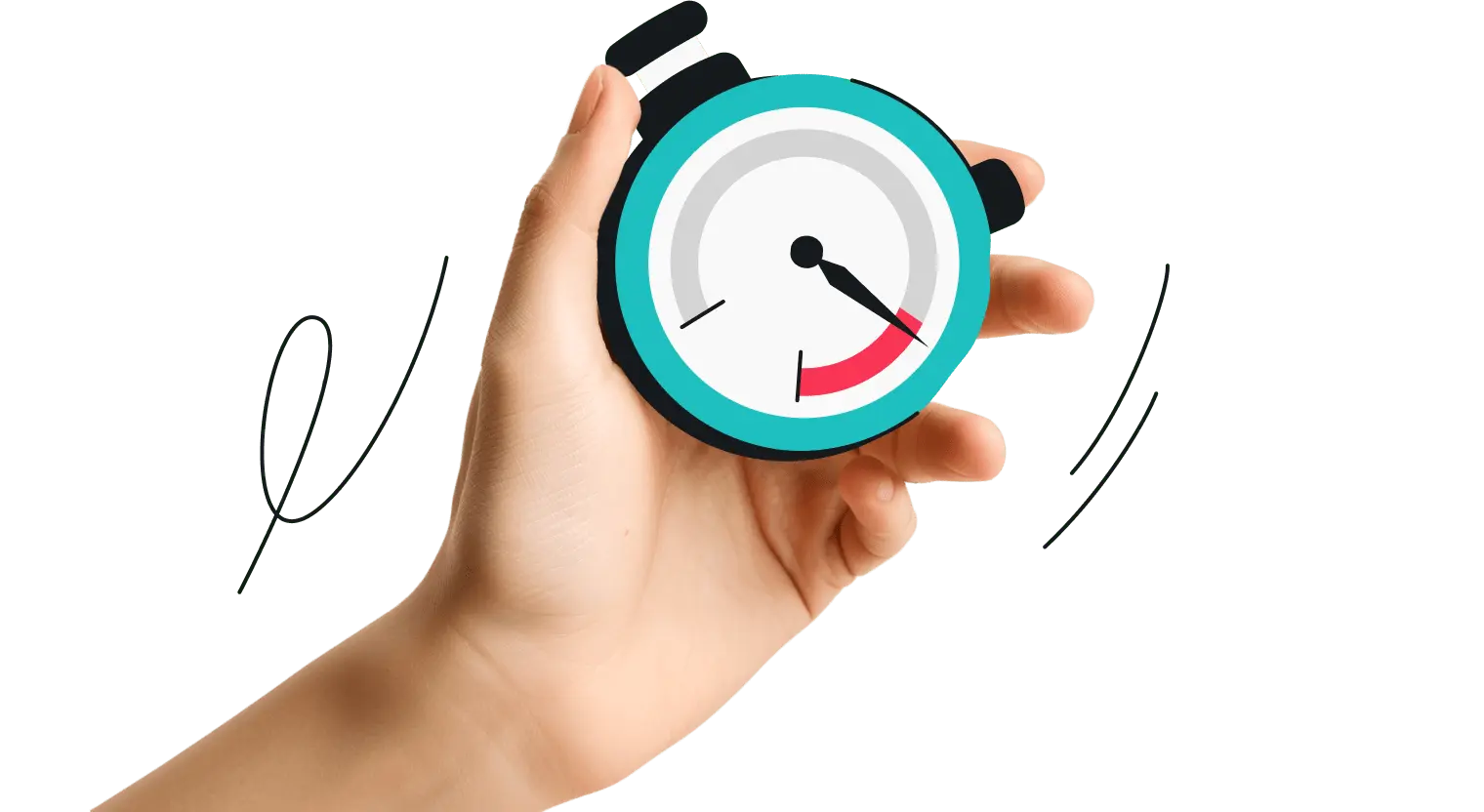 A hand holding a stylized speedometer