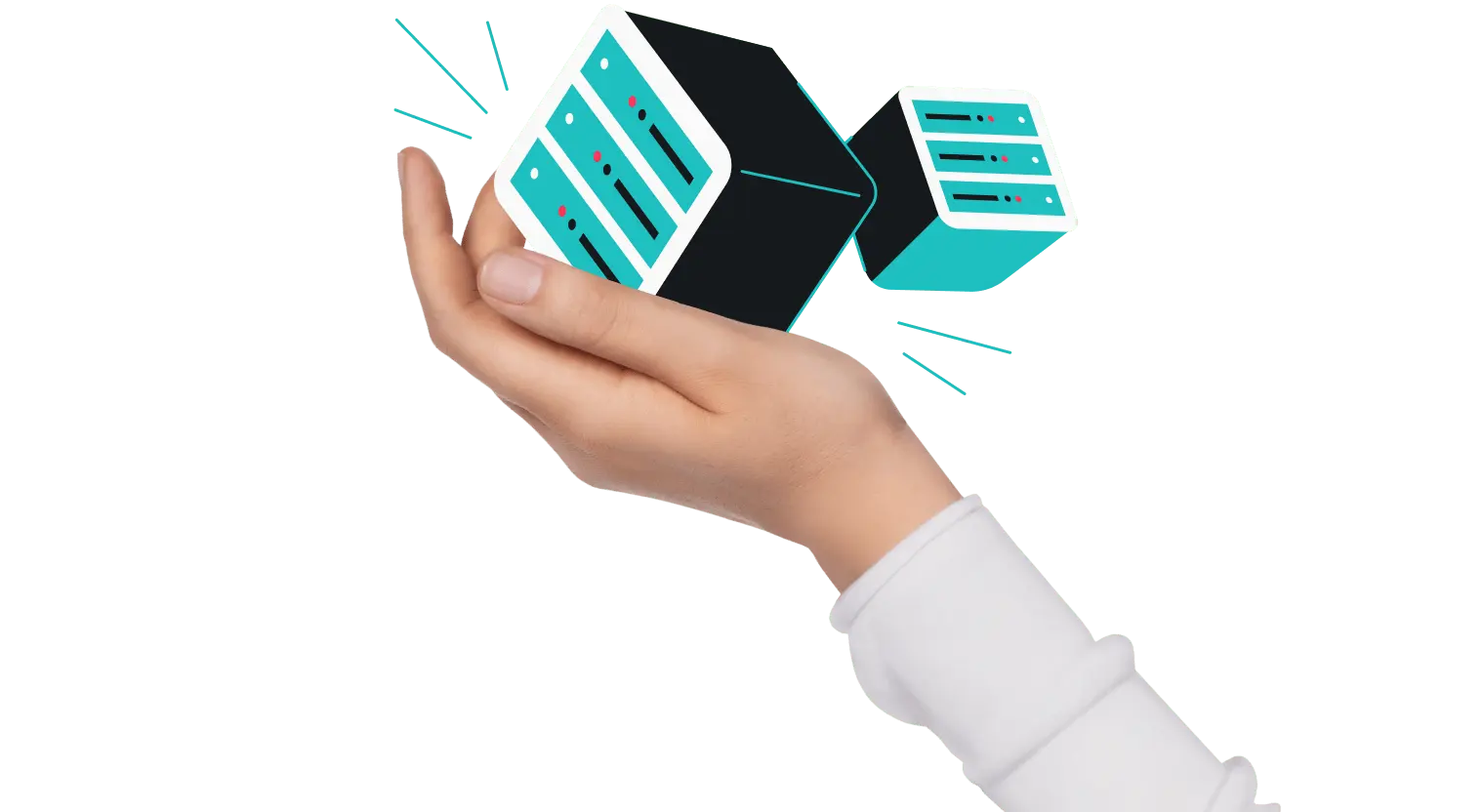 A hand with a white sleeve holding a stylized physical server with another server behind it