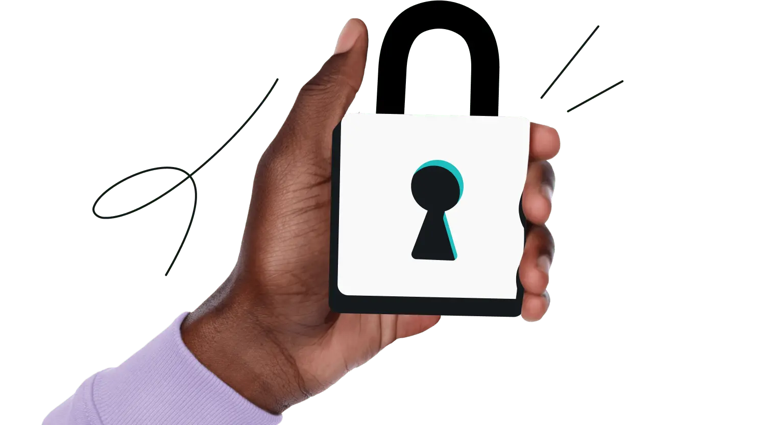 A hand with a purple sleeve holding a stylized white lock