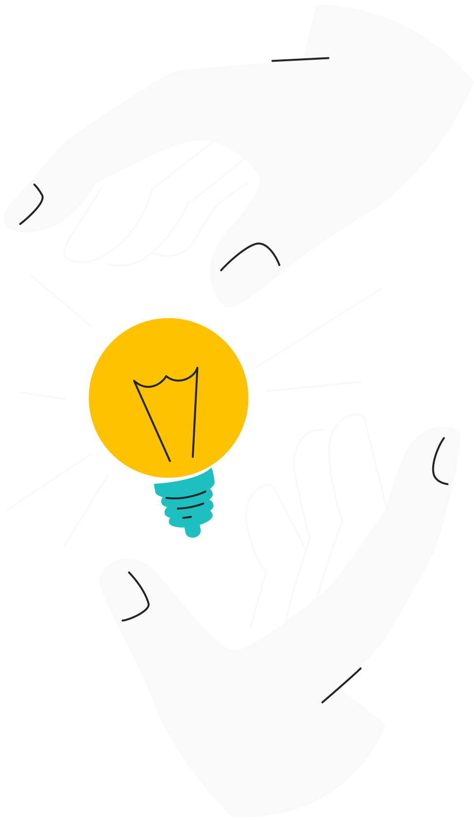 A floating light bulb between two animated hands