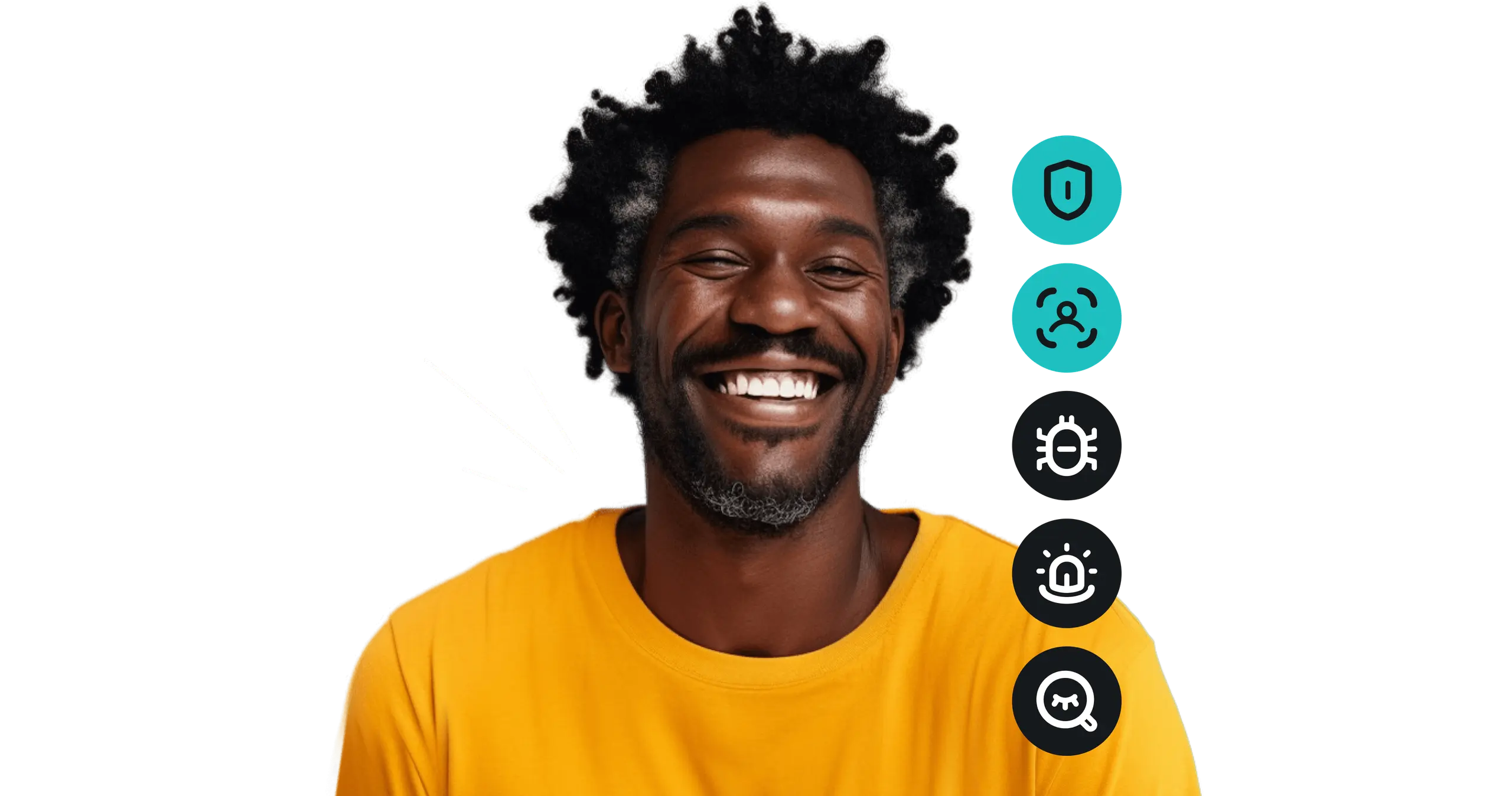 A person is smiling. There are VPN, Antivirus, Alert, and Search icons on his right.