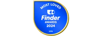 A black and white Finder Awards 2024 badge for Most Loved VPN.