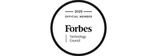 A black and white Forbes Technology Council member’s badge for 2025.