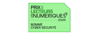 A white and black badge for the 2025 Prix des Lecteurs Les Numériques nomination in the cybersecurity category.