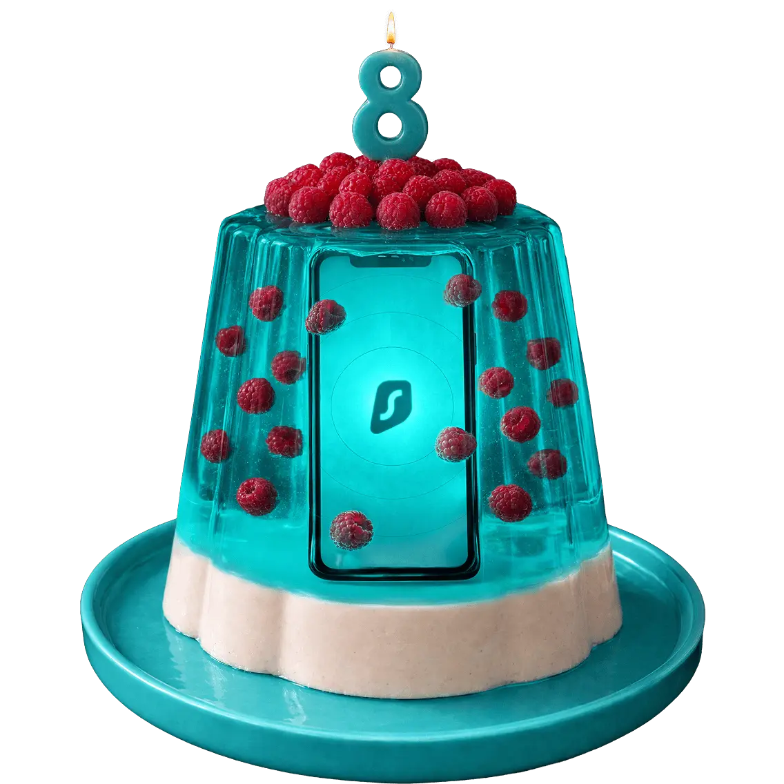 一块蓝绿色果冻蛋糕中有一部带 Surfshark 标志的手机,蛋糕顶部饰有覆盆子和一支点燃的造型为数字 8 的蜡烛。