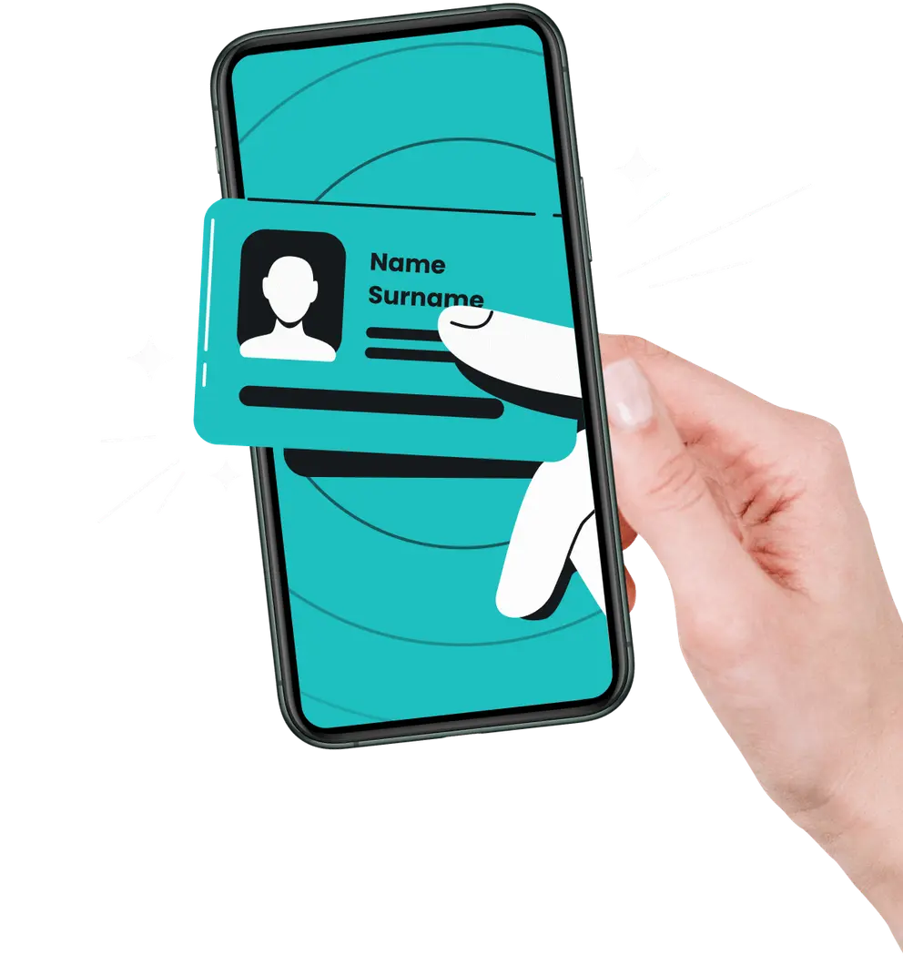 Eine Hand vor blaugrünem Hintergrund hält ein Smartphone, hinter dem ein Ausweis sichtbar wird.