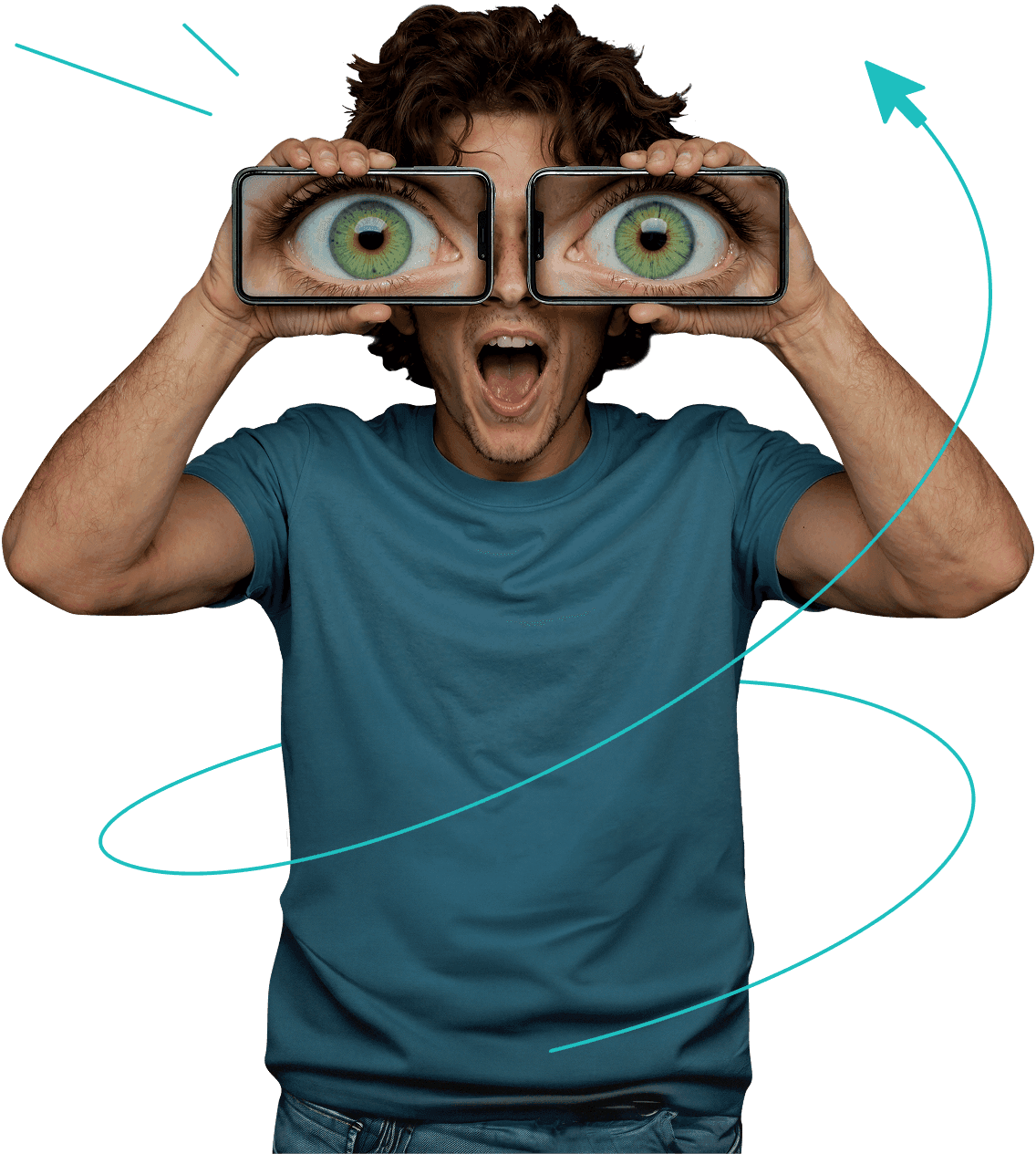 Homem segurando dois smartphones na frente dos olhos, com cada tela mostrando olhos ampliados.