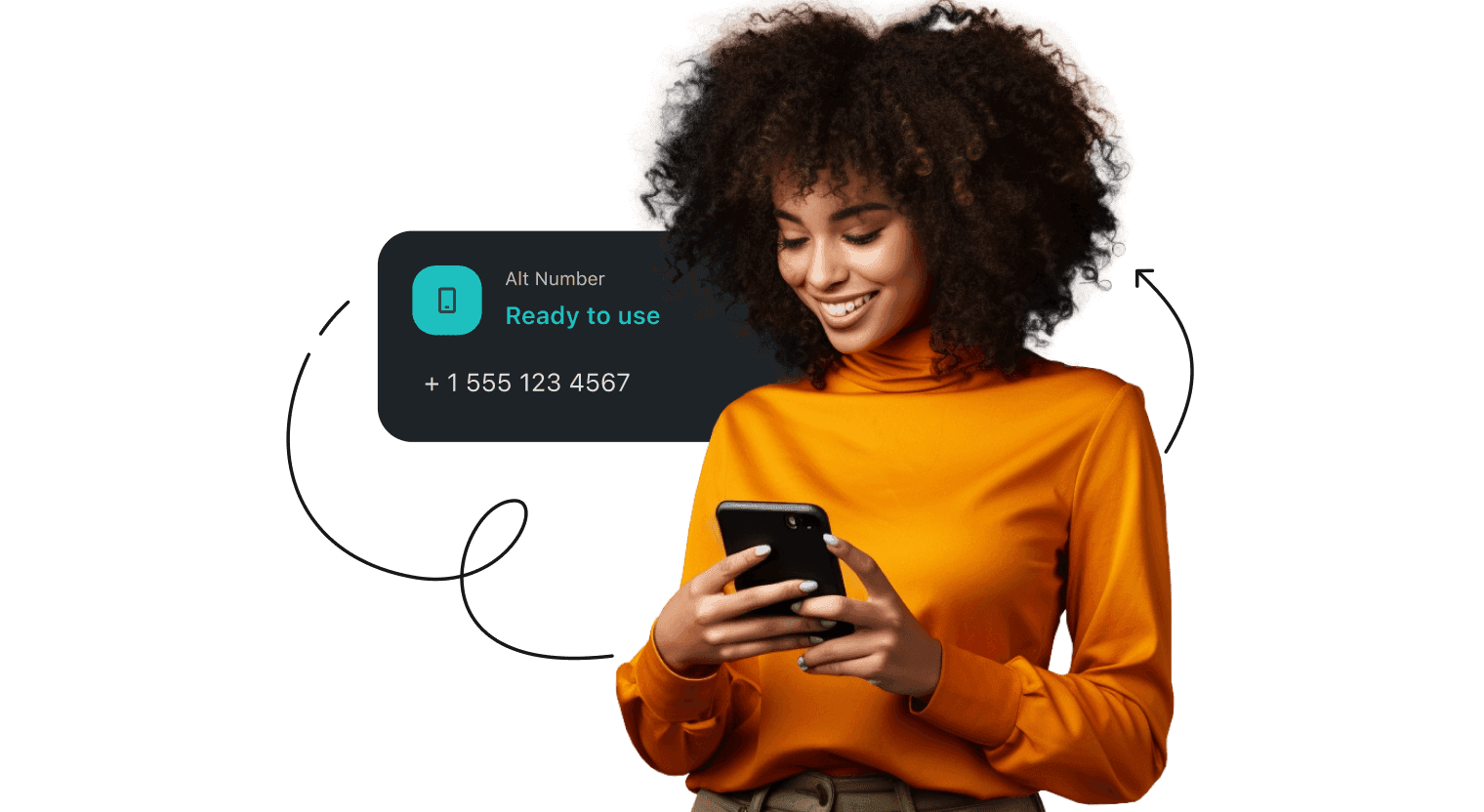 A smiling woman in an orange turtleneck looking at her smartphone. A box with an alternative number ready to use is behind.