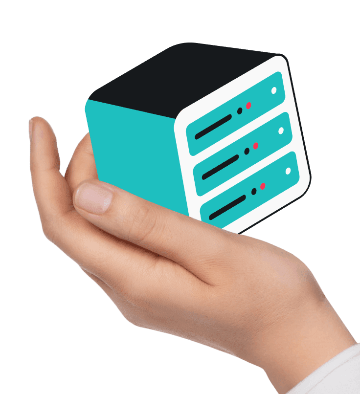 A human hand holding a three-dimensional icon of a server rack.