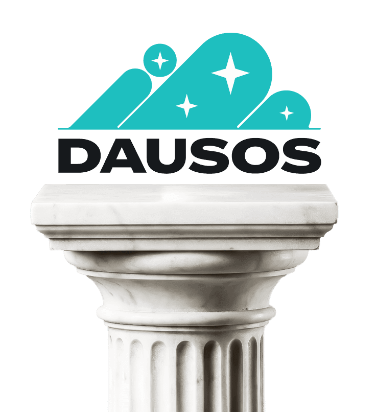DAUSOS by Surfshark logo featuring teal abstract shapes with stars above a marble pedestal on a black background.