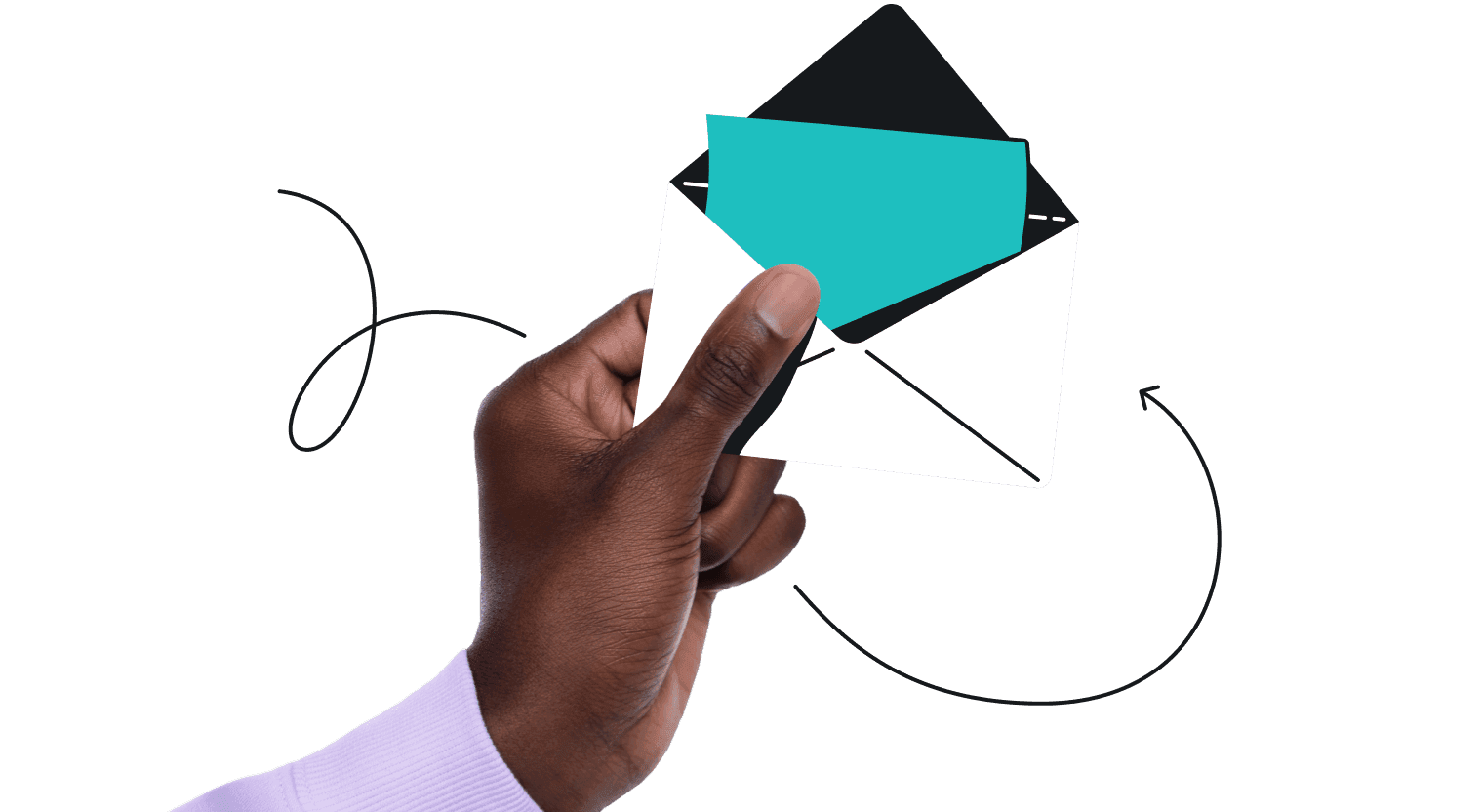 A hand holding an opened white envelope with a teal piece of paper inside.