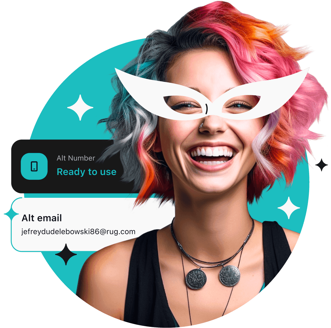 A smiling woman with colorful hair and white glasses; behind her are two boxes with an alternative number and email.