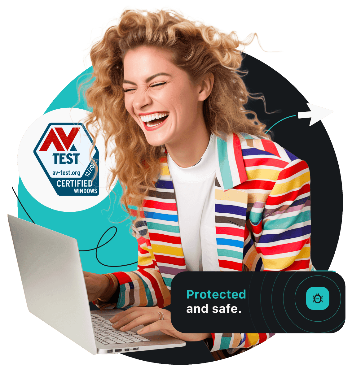 A laughing woman in a colored striped jacket is browsing on her laptop. AV test certification badge is on her left.
