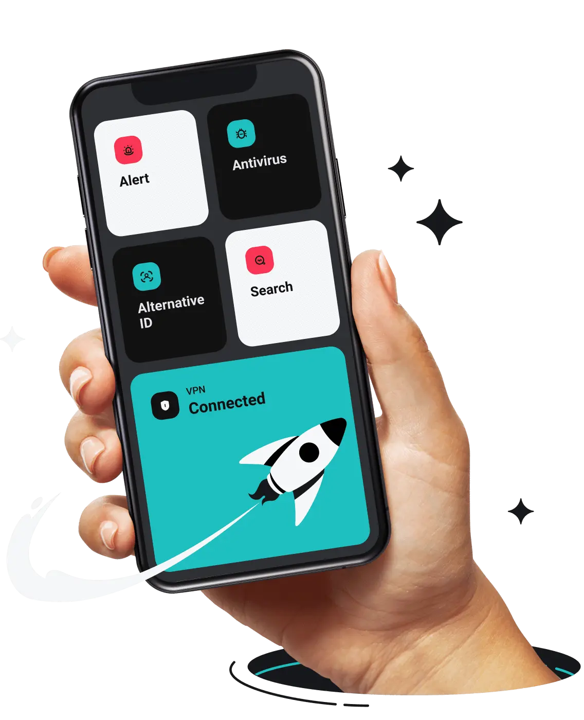 A hand is holding a phone with Surfshark app on its screen.