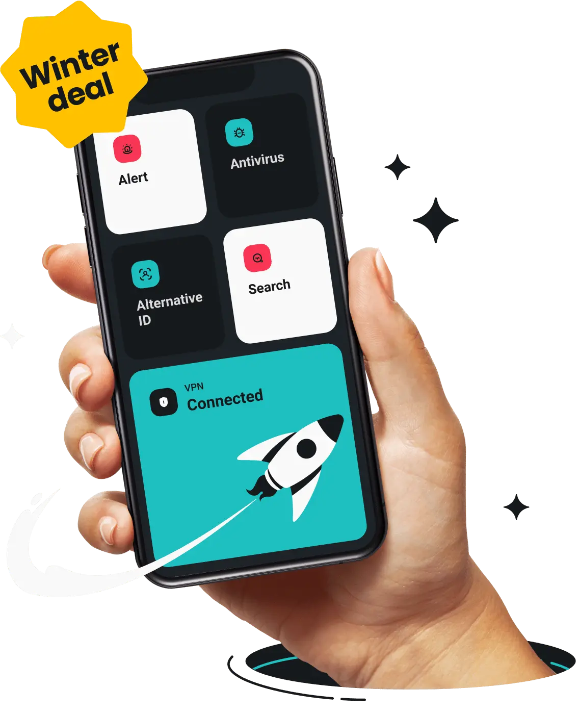 A hand is holding a phone with Surfshark app on its screen.
