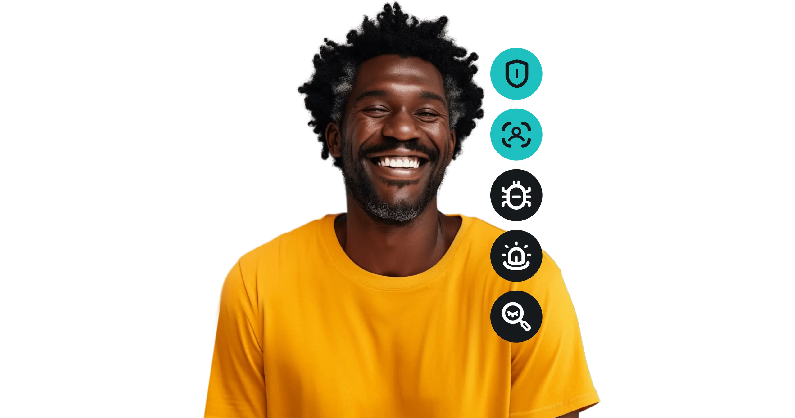 A person is smiling. There are VPN, Antivirus, Alert, and Search icons on his right.