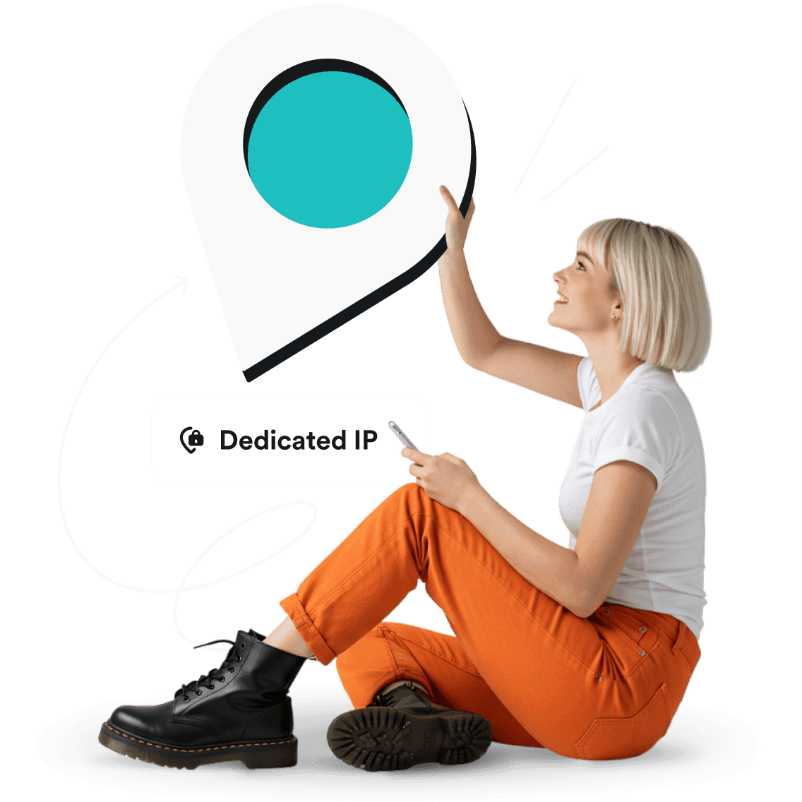 A seated woman holding a smartphone and a large location pin over a rounded rectangular box with the text Dedicated IP.