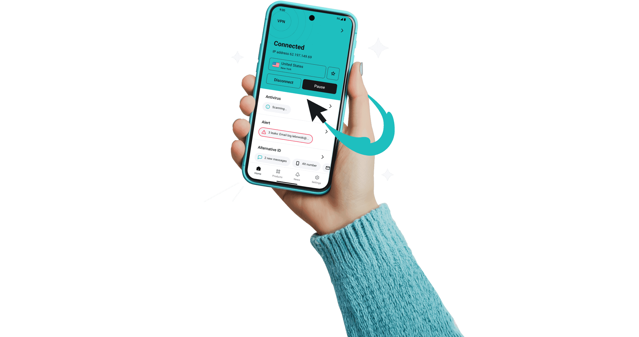 A hand holding a smartphone displaying the Surfshark app listing tools like VPN and Antivirus and an arrow with a teal trail.