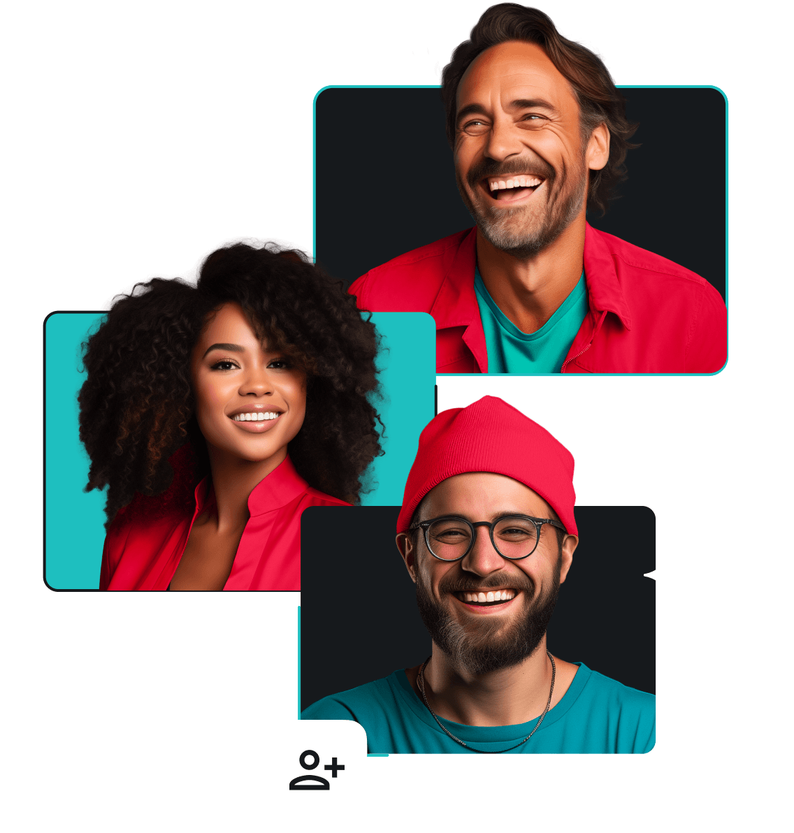 Zwei lächelnde Männer und eine Frau. Einer der Männer trägt eine rote Kappe und Brille.