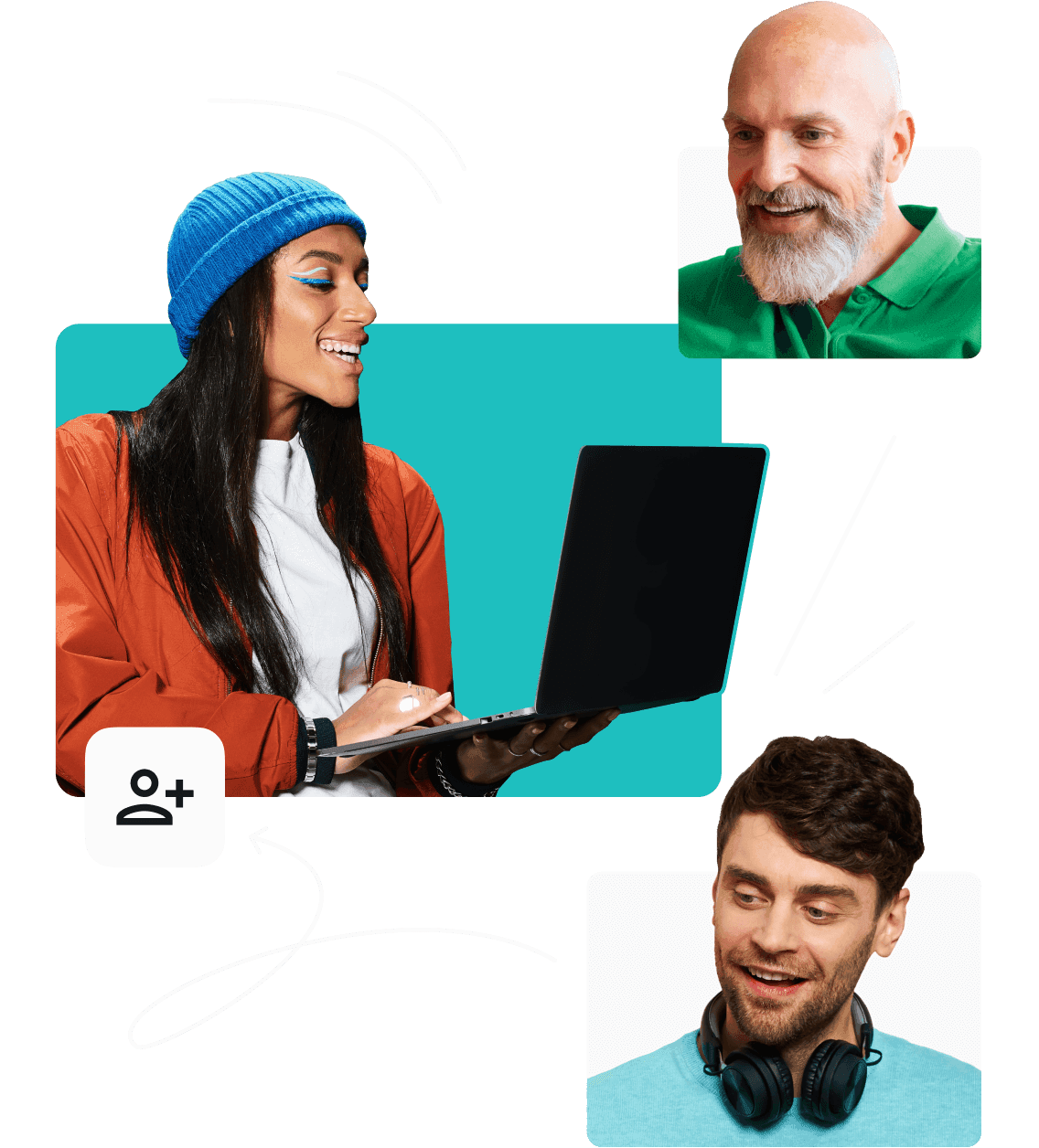 Two smiling men and a woman. One of the men is wearing a red beanie and glasses.