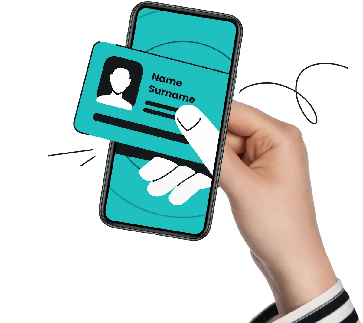 A hand entering a phone screen, with two of its animated fingers holding a name and surname card
