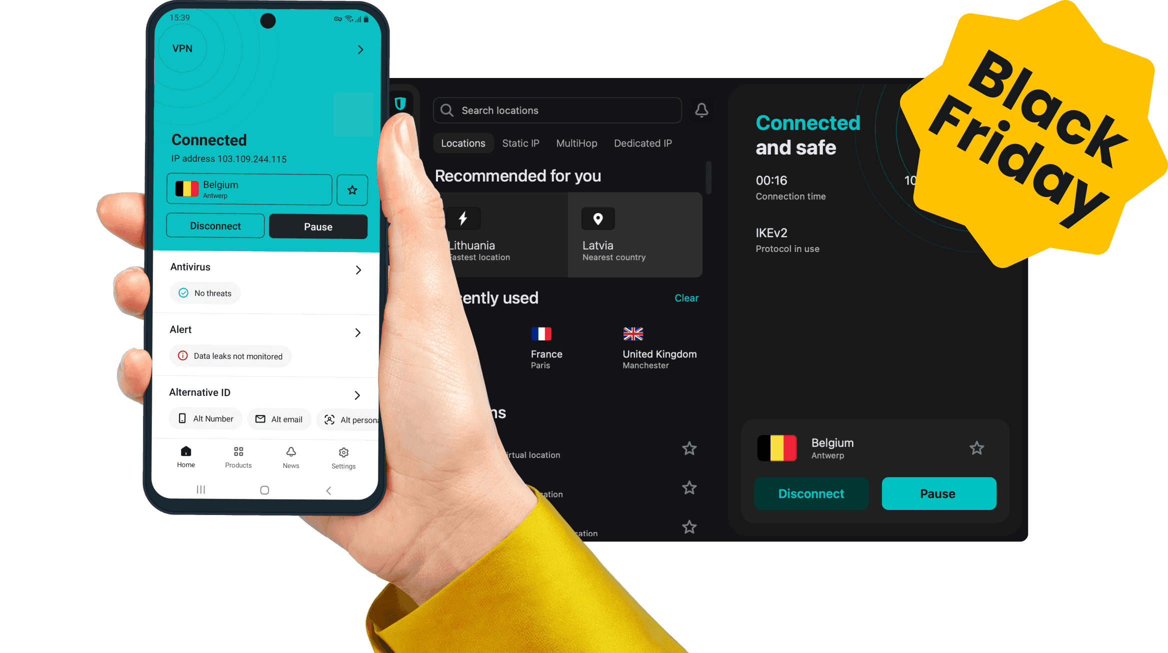 Een hand die een smartphone vasthoudt met een geopende Surfshark app en app-interface op de achtergrond.