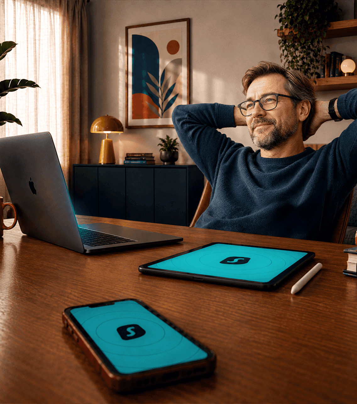 Man sitting at a desk with hands behind his head, with a laptop, tablet, and phone displaying the Surfshark logo.