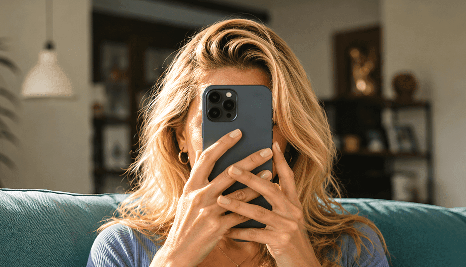 Blonde woman sitting on a couch holding a smartphone in front of her face.