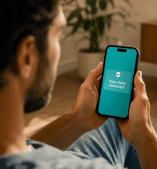 Person holding a smartphone displaying a notification with a shield icon and the text Your data removed.