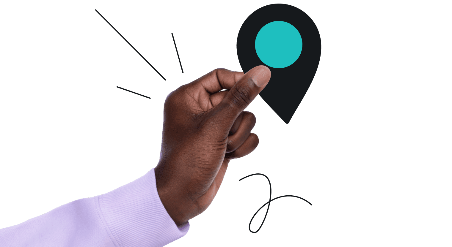 A hand in a lavender sleeve holding a black location pin, surrounded with impact lines and squiggles.