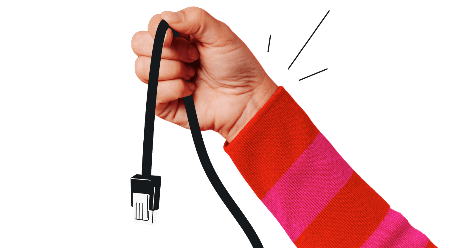 A hand in a striped sleeve gripping a black cable, with a set of impact lines radiating outward.