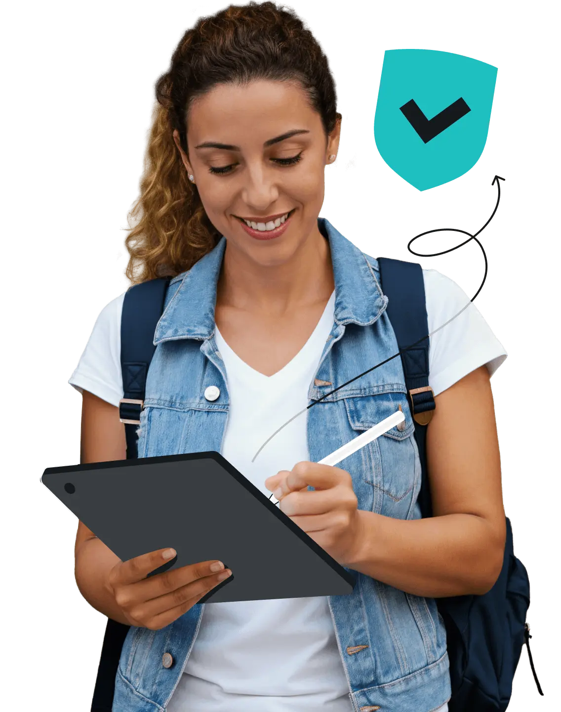 Smiling student with a backpack writing on a tablet below a turquoise shield icon with a black checkmark.
