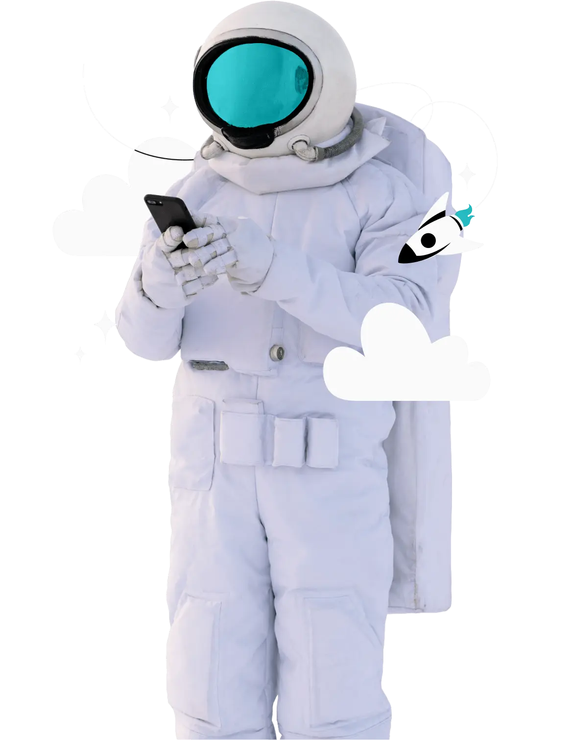 Una persona vestita da astronauta che utilizza il proprio telefono.