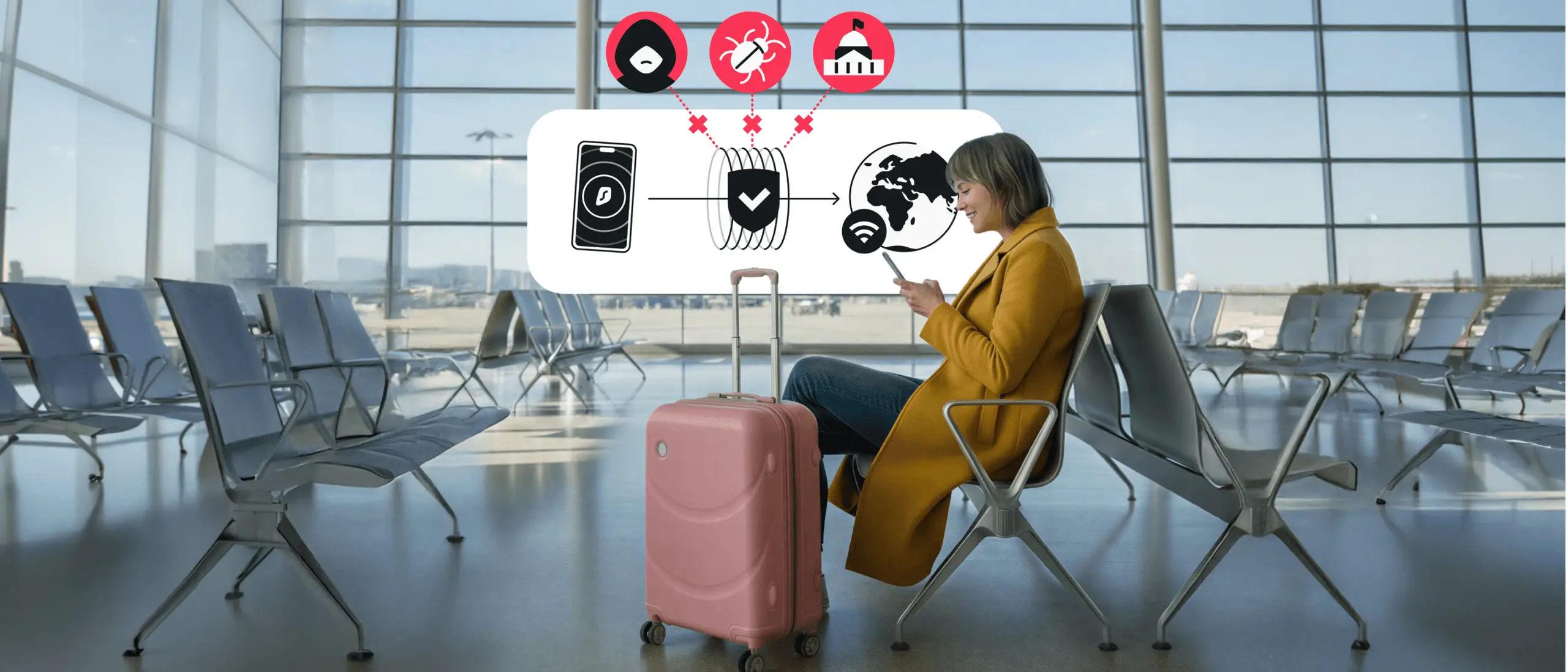 Woman in a mustard coat at the airport with a pink suitcase, using a phone. A secure VPN tunnel blocking hackers and malware in the background.