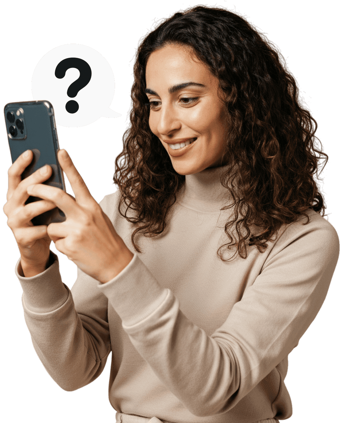 A woman looking at her phone and smiling, with a question mark in a speech bubble next to her.
